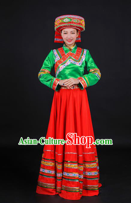 Chinese Traditional Lisu Nationality Stage Show Red Dress Ethnic Minority Folk Dance Costume for Women