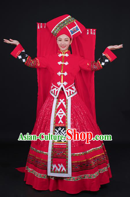 Chinese Traditional Zhuang Nationality Stage Show Wedding Red Dress Ethnic Minority Folk Dance Costume for Women