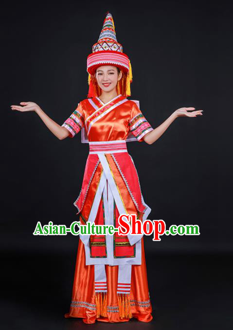 Chinese Traditional Yao Nationality Stage Show Orange Dress Ethnic Minority Folk Dance Costume for Women