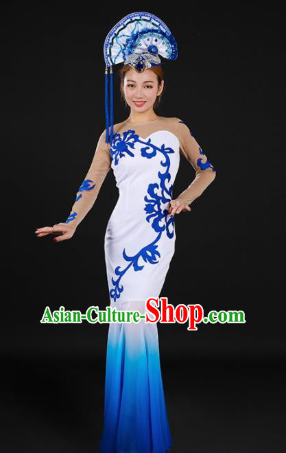 Chinese Spring Festival Gala Classical Dance Blue Fishtail Dress Traditional Chorus Costume for Women