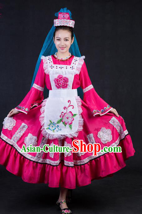 Chinese Traditional Tatar Nationality Stage Show Rosy Dress Ethnic Minority Folk Dance Costume for Women