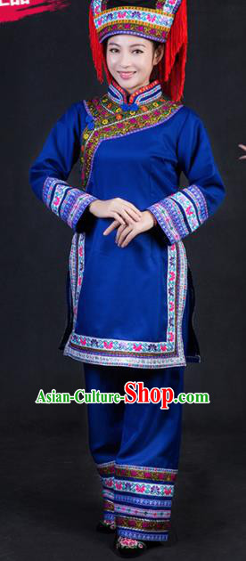 Chinese Traditional Lhoba Nationality Stage Show Royalblue Dress Ethnic Minority Folk Dance Costume for Women