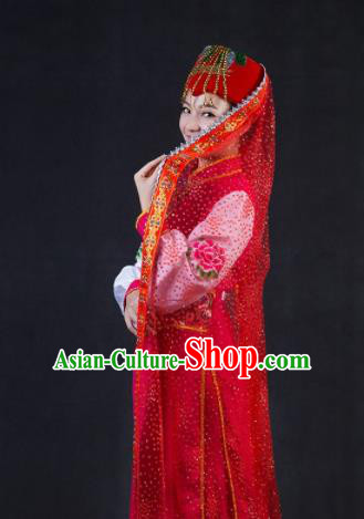 Chinese Traditional Bonan Nationality Stage Show Rosy Dress Ethnic Minority Folk Dance Costume for Women