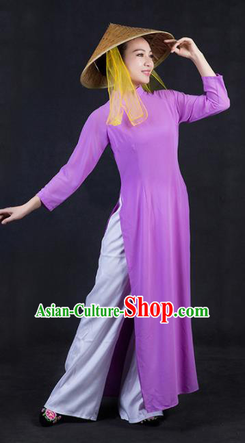 Chinese Traditional Jing Nationality Stage Show Purple Dress Ethnic Minority Folk Dance Costume for Women