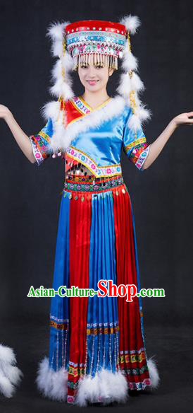 Chinese Traditional Tajik Nationality Stage Show Blue Dress Ethnic Minority Folk Dance Costume for Women