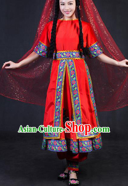 Chinese Traditional Tajik Nationality Stage Show Red Dress Ethnic Minority Folk Dance Costume for Women