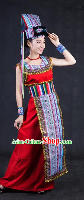 Chinese Traditional Drung Nationality Stage Show Red Dress Ethnic Minority Folk Dance Costume for Women