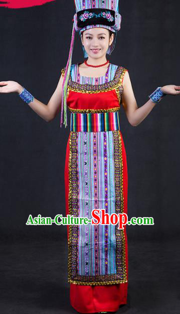 Chinese Traditional Drung Nationality Stage Show Red Dress Ethnic Minority Folk Dance Costume for Women