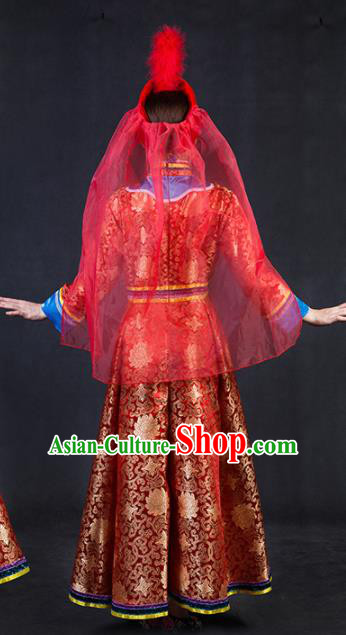 Chinese Traditional Ewenki Nationality Stage Show Wedding Red Dress Ethnic Minority Folk Dance Costume for Women