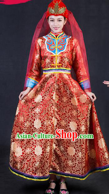 Chinese Traditional Ewenki Nationality Stage Show Wedding Red Dress Ethnic Minority Folk Dance Costume for Women