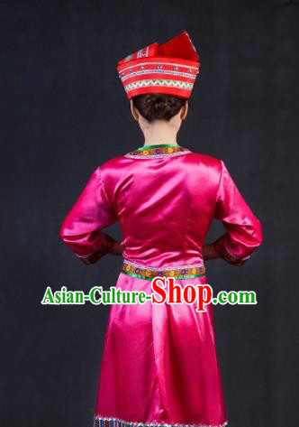 Chinese Traditional Blang Nationality Stage Show Rosy Dress Ethnic Minority Folk Dance Costume for Women