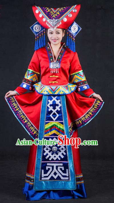 Chinese Traditional Zhuang Nationality Stage Show Wedding Red Dress Ethnic Minority Folk Dance Costume for Women