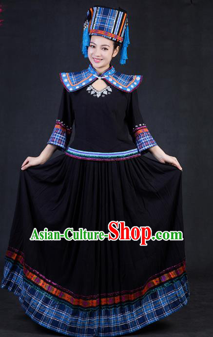 Chinese Traditional Yao Nationality Stage Show Black Dress Ethnic Minority Folk Dance Costume for Women