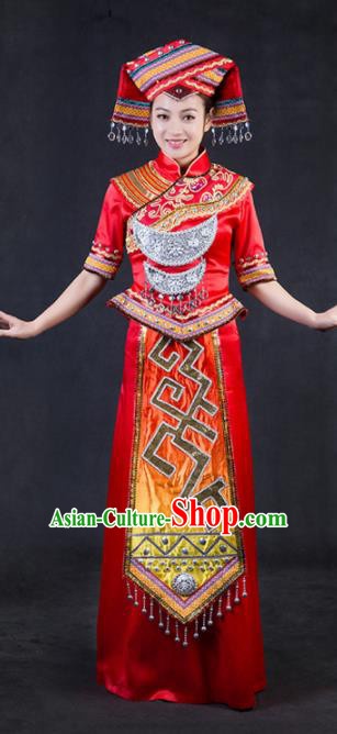 Chinese Traditional Zhuang Nationality Stage Show Red Dress Ethnic Minority Folk Dance Costume for Women