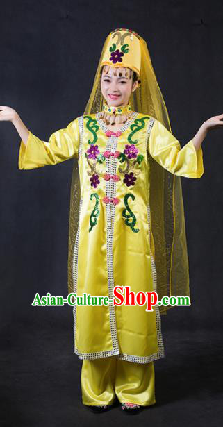 Chinese Traditional Dongxiang Nationality Stage Show Yellow Dress Ethnic Minority Folk Dance Costume for Women