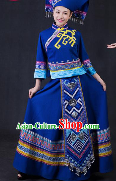 Chinese Traditional Zhuang Nationality Stage Show Navy Dress Ethnic Minority Folk Dance Costume for Women