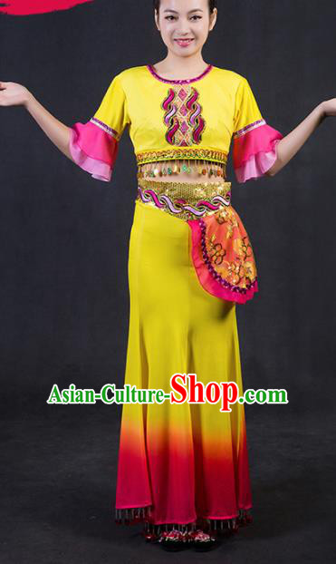 Chinese Traditional Dai Nationality Stage Show Yellow Dress Ethnic Minority Folk Dance Costume for Women