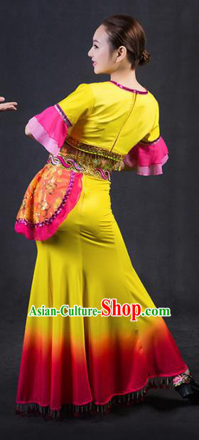 Chinese Traditional Dai Nationality Stage Show Yellow Dress Ethnic Minority Folk Dance Costume for Women