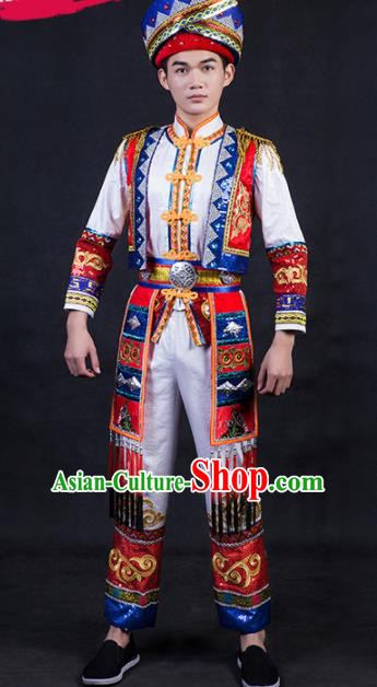 Chinese Traditional Zhuang Nationality Festival Compere White Outfits Ethnic Minority Folk Dance Stage Show Costume for Men