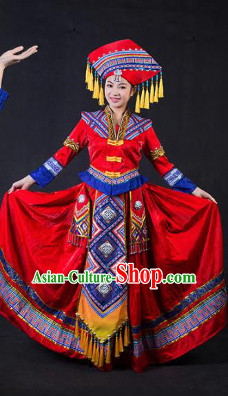 Chinese Traditional Zhuang Nationality Stage Show Bride Red Dress Ethnic Minority Folk Dance Costume for Women