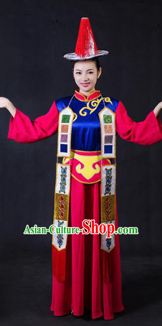 Chinese Traditional Yugur Nationality Stage Show Rosy Dress Ethnic Minority Folk Dance Costume for Women