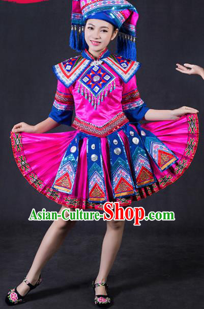 Chinese Traditional Zhuang Nationality Stage Show Rosy Short Dress Ethnic Minority Folk Dance Costume for Women