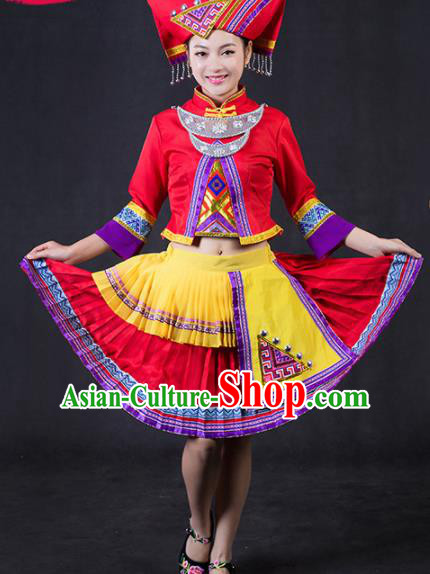 Chinese Traditional Zhuang Nationality Stage Show Red Short Dress Ethnic Minority Folk Dance Costume for Women