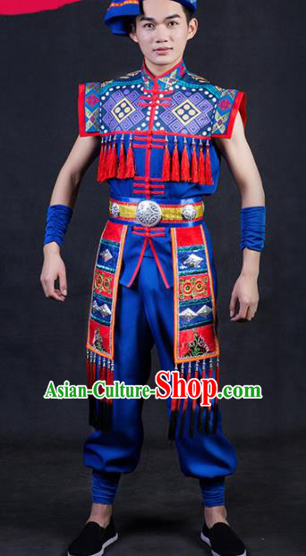 Chinese Traditional Yao Nationality Festival Compere Royalblue Outfits Ethnic Minority Folk Dance Stage Show Costume for Men