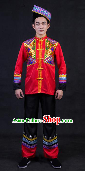 Chinese Traditional Zhuang Nationality Festival Compere Red Outfits Ethnic Minority Folk Dance Stage Show Costume for Men