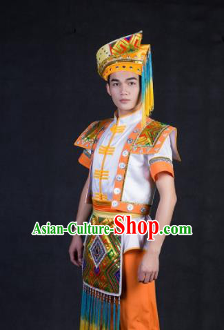 Chinese Traditional Zhuang Nationality Festival Compere Orange Outfits Ethnic Minority Folk Dance Stage Show Costume for Men