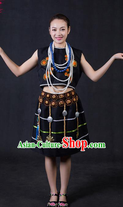 Chinese Traditional Moinba Nationality Stage Show Black Short Dress Ethnic Minority Folk Dance Costume for Women