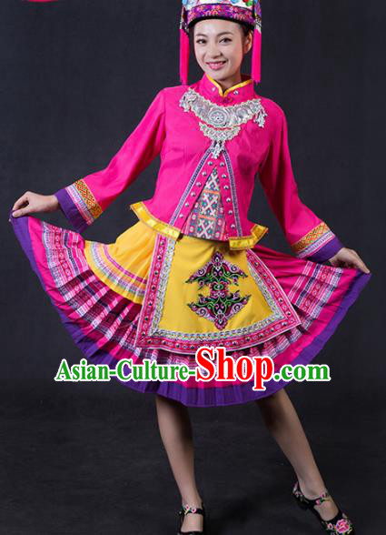 Chinese Traditional Yao Nationality Stage Show Rosy Short Dress Ethnic Minority Folk Dance Costume for Women