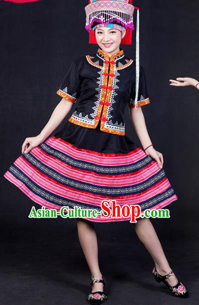 Chinese Traditional Lahu Nationality Stage Show Black Short Dress Ethnic Minority Folk Dance Costume for Women