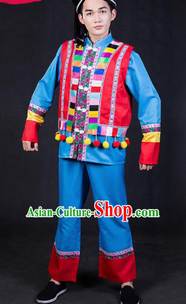 Chinese Traditional Yao Nationality Festival Compere Blue Outfits Ethnic Minority Folk Dance Stage Show Costume for Men
