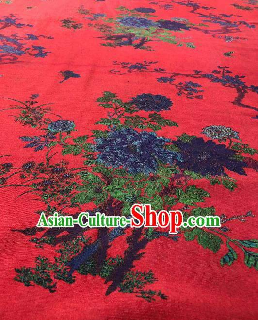 Asian Chinese Traditional Peony Orchid Pattern Design Red Gambiered Guangdong Gauze Fabric Silk Material