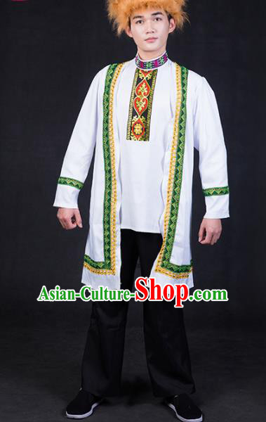 Chinese Traditional Kazak Nationality Festival Compere White Outfits Ethnic Minority Folk Dance Stage Show Costume for Men