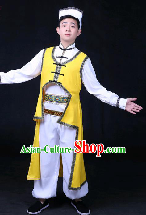 Chinese Traditional Daur Nationality Festival Compere Yellow Outfits Ethnic Minority Folk Dance Stage Show Costume for Men