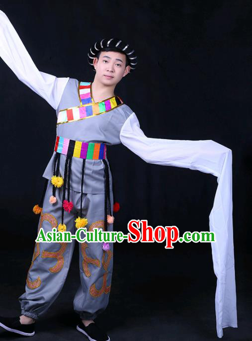 Chinese Traditional Zang Nationality Festival Compere Grey Outfits Ethnic Minority Folk Dance Stage Show Costume for Men