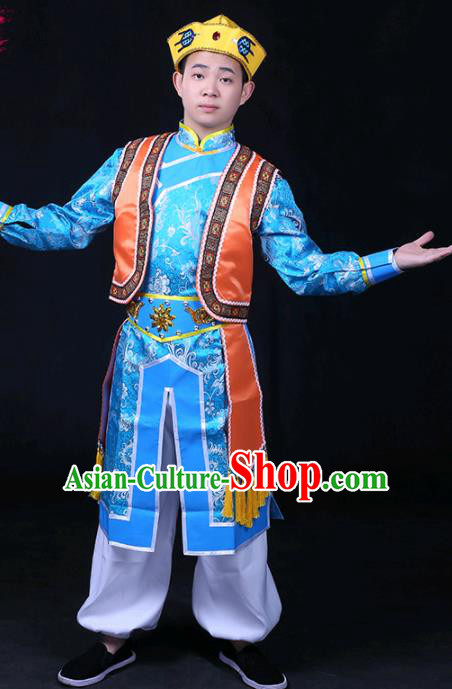 Chinese Traditional Xibe Nationality Festival Compere Blue Outfits Ethnic Minority Folk Dance Stage Show Costume for Men