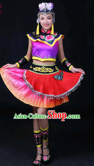 Chinese Traditional She Nationality Stage Show Short Dress Ethnic Minority Folk Dance Costume for Women