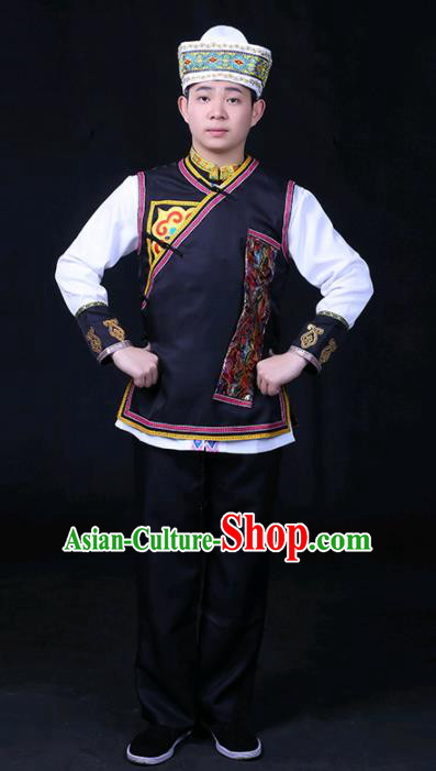 Chinese Traditional Tu Nationality Festival Compere Black Outfits Ethnic Minority Folk Dance Stage Show Costume for Men