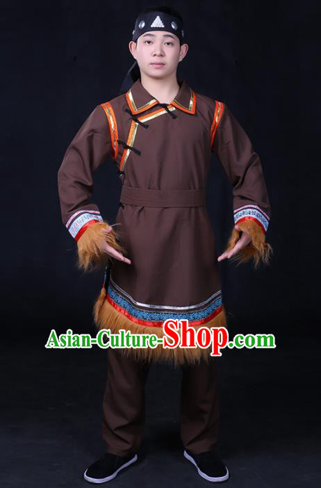 Chinese Traditional Ewenki Nationality Compere Brown Outfits Ethnic Minority Folk Dance Stage Show Festival Costume for Men