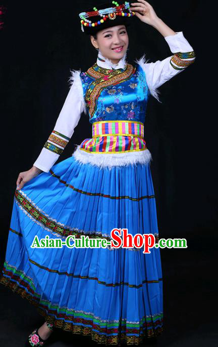 Chinese Traditional Pumi Nationality Stage Show Blue Long Dress Ethnic Minority Folk Dance Costume for Women