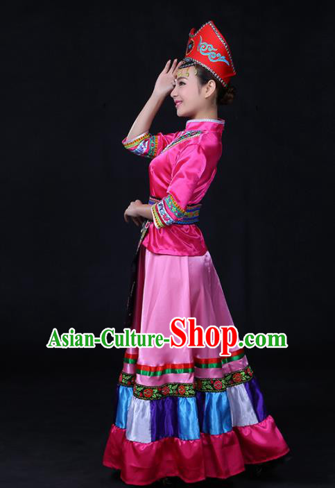 Chinese Traditional Gelao Nationality Stage Show Rosy Long Dress Ethnic Minority Folk Dance Costume for Women