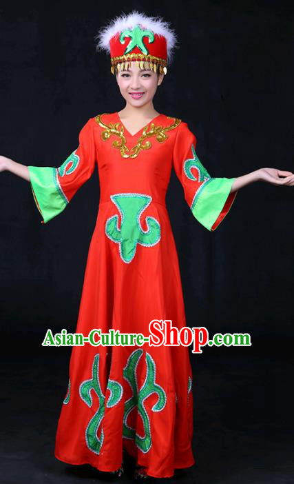 Chinese Traditional Daur Nationality Stage Show Red Dress Ethnic Minority Folk Dance Costume for Women