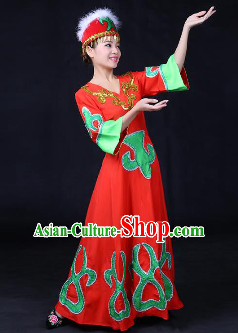 Chinese Traditional Daur Nationality Stage Show Red Dress Ethnic Minority Folk Dance Costume for Women