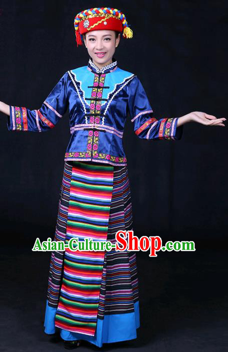 Chinese Traditional Menba Nationality Stage Show Navy Dress Ethnic Minority Folk Dance Costume for Women