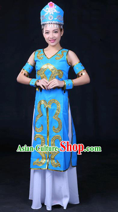 Chinese Traditional Xibe Nationality Stage Show Blue Dress Ethnic Minority Folk Dance Costume for Women