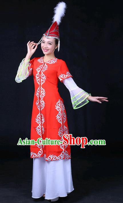 Chinese Traditional Khalkhas Nationality Stage Show Red Dress Ethnic Minority Folk Dance Costume for Women