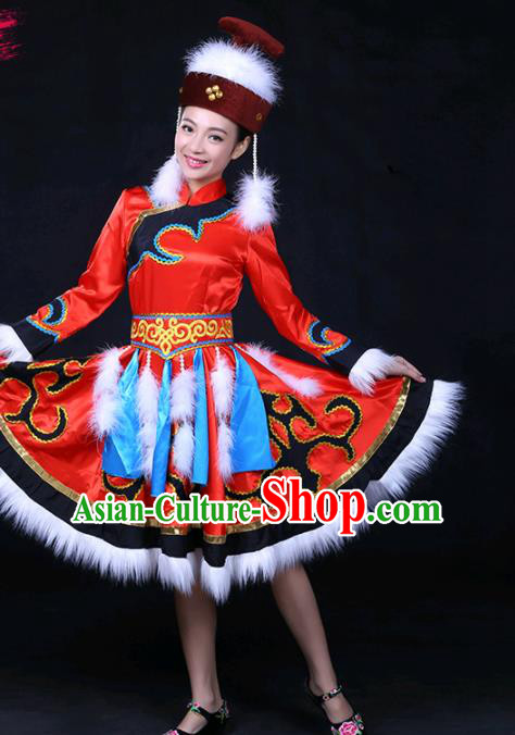 Chinese Traditional Hezhen Nationality Stage Show Red Dress Ethnic Minority Folk Dance Costume for Women